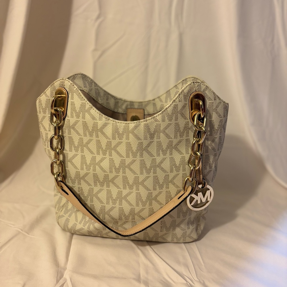 Michael Kors Cream Monogram Shoulder Bag with Gold Accents